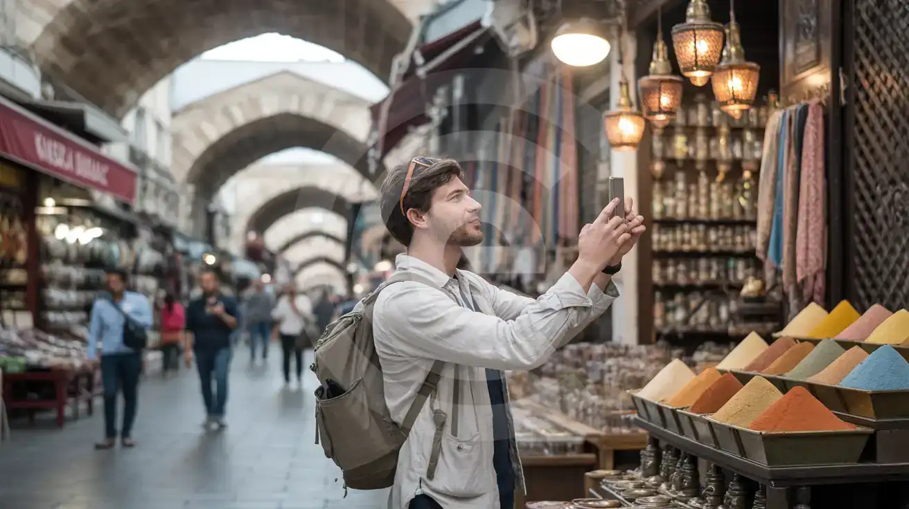Solo male traveler photographing copper lanterns in Kemeraltı Bazaar's covered market lanes in Izmir