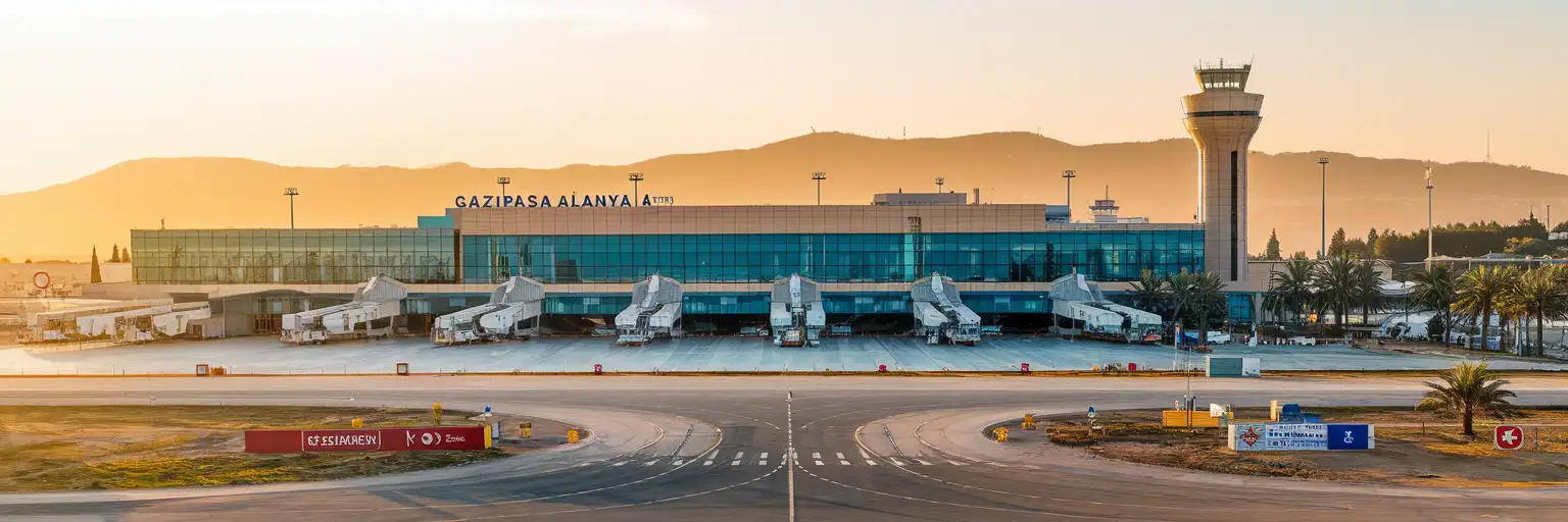 Exterior view of Gazipaşa-Alanya Airport terminal in Alanya, Turkey at golden hour