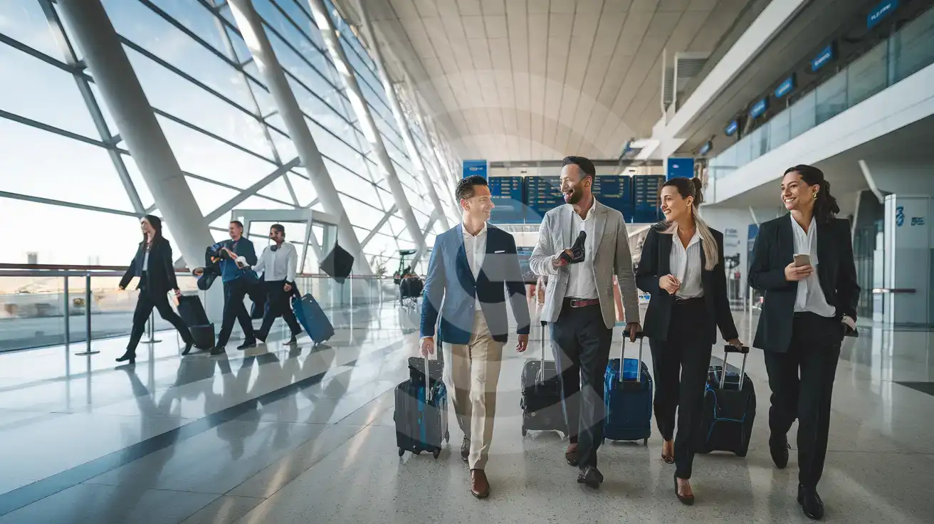 Small business team walking through the arrivals hall at Gazipaşa-Alanya Airport in Alanya, Turkey