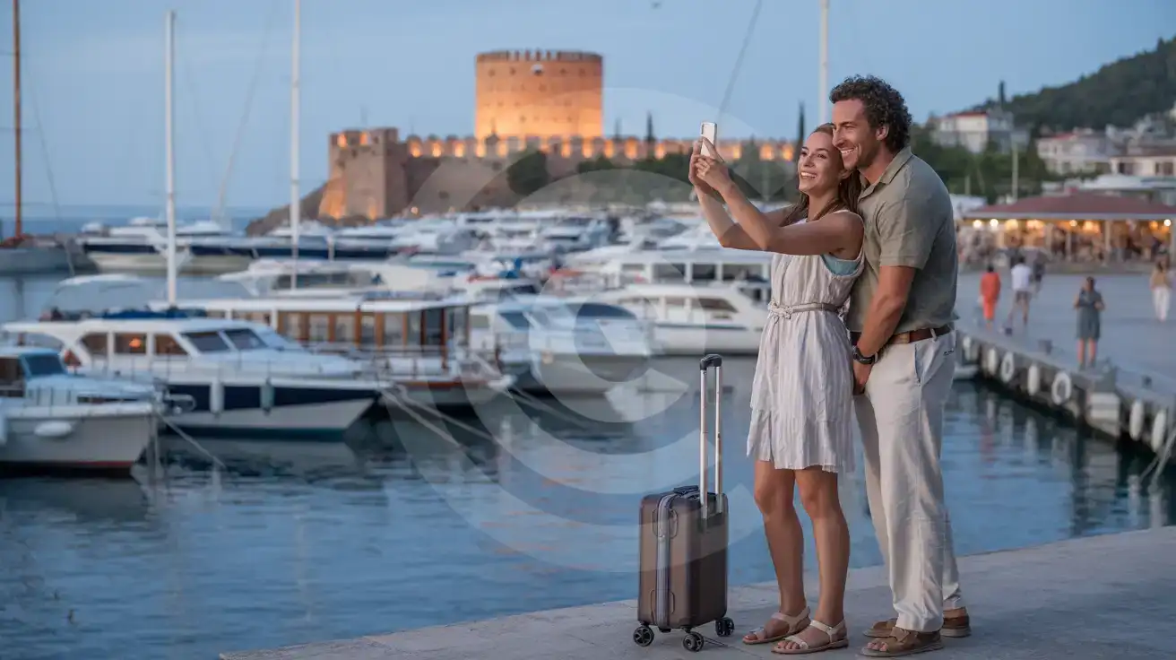 Couple photographing Alanya Marina and the Red Tower at blue hour twilight with yachts moored in the harbor
