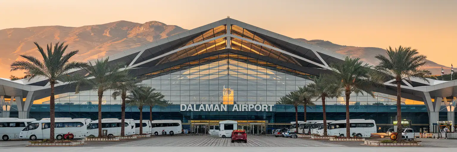 Dalaman Airport international terminal facade at golden hour with tour coaches at the arrivals forecourt and Muğla mountains in the background