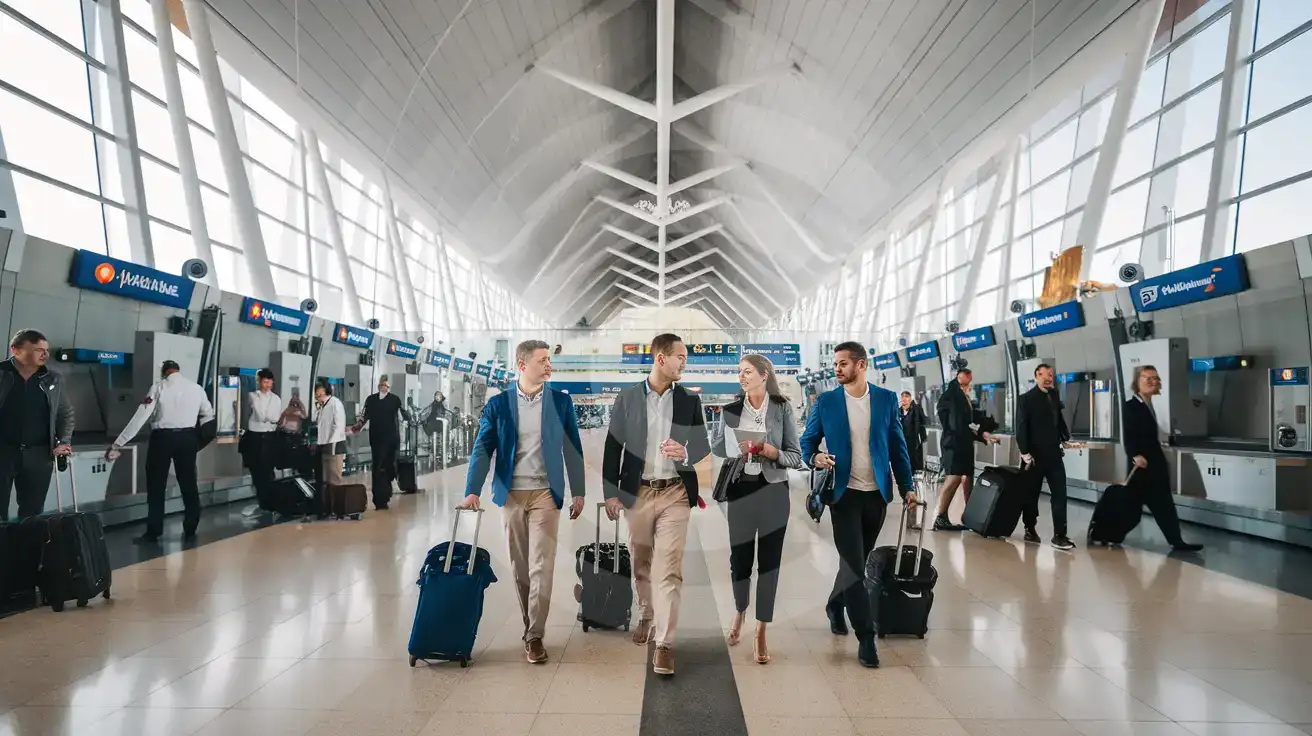 Business travelers walking through Dalaman Airport arrivals hall with smartphone in hand