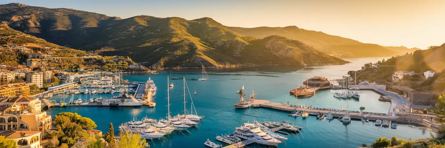 Marmaris Cruise Port waterfront with cruise ship berths, forested mountains, and turquoise Aegean waters at golden hour