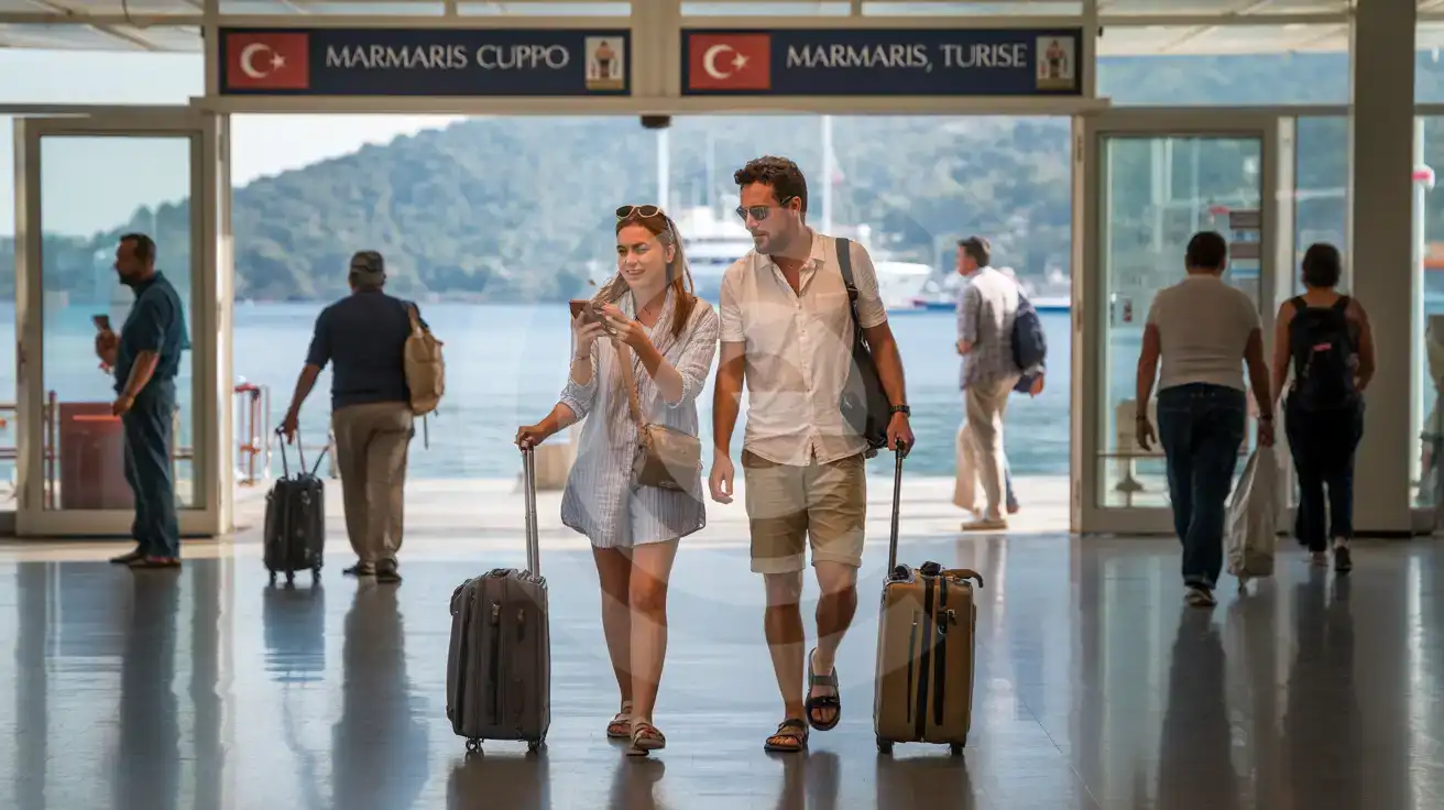 Mixed couple walking through Marmaris Cruise Port arrivals hall with rolling luggage and smartphone, harbor visible through exit doors