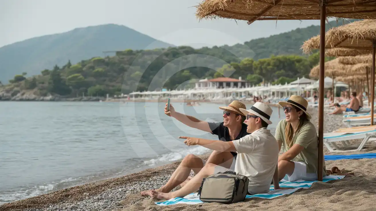Friends relaxing on İçmeler Beach promenade in Marmaris with turquoise Aegean water and forested hills behind