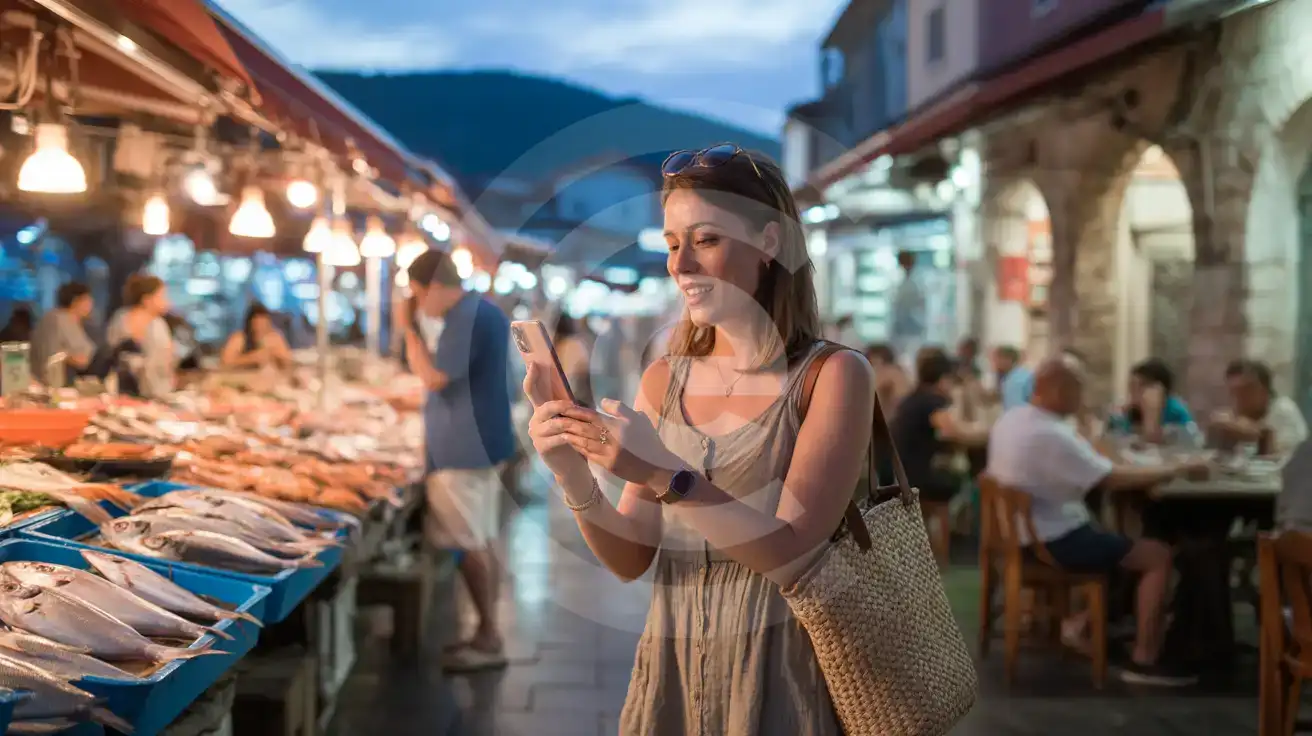 Solo female traveler photographing fresh seafood displays at Fethiye Fish Market during blue-hour twilight in Fethiye, Turkey