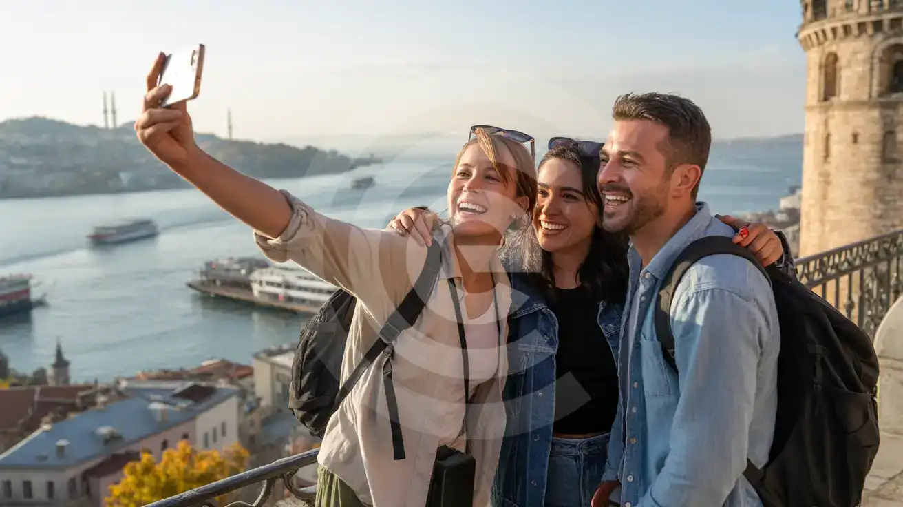 Three friends taking a group selfie on Galata Tower's observation balcony with the Bosphorus and Istanbul skyline behind them