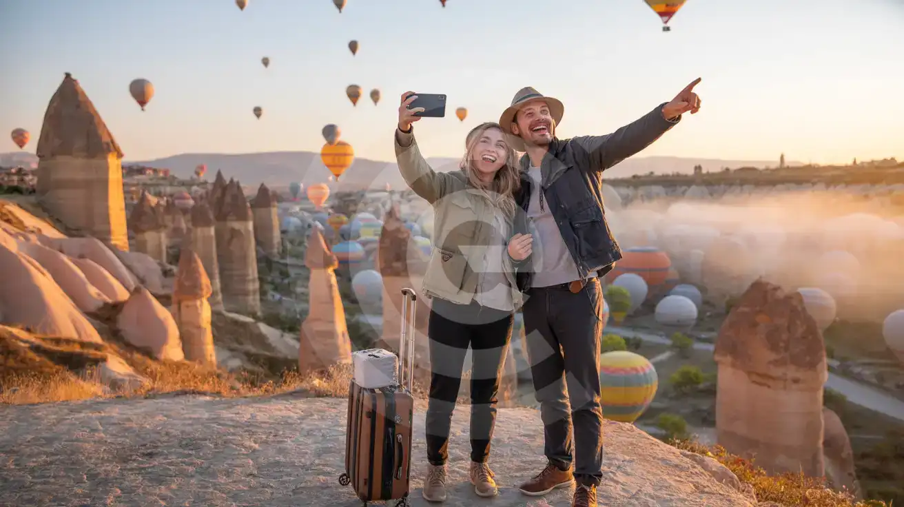 Een stel dat luchtballonnen fotografeert boven de sprookjesachtige schoorstenen van Cappadocië bij zonsopgang in Turkije