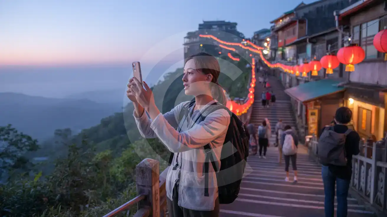 Solo female traveler photographing Jiufen Old Street's red lantern staircase at blue hour twilight in Taiwan