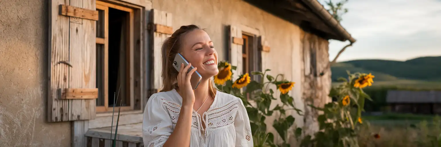 Viajero haciendo una llamada telefónica frente a una casa rural tradicional ucraniana en una tarde dorada