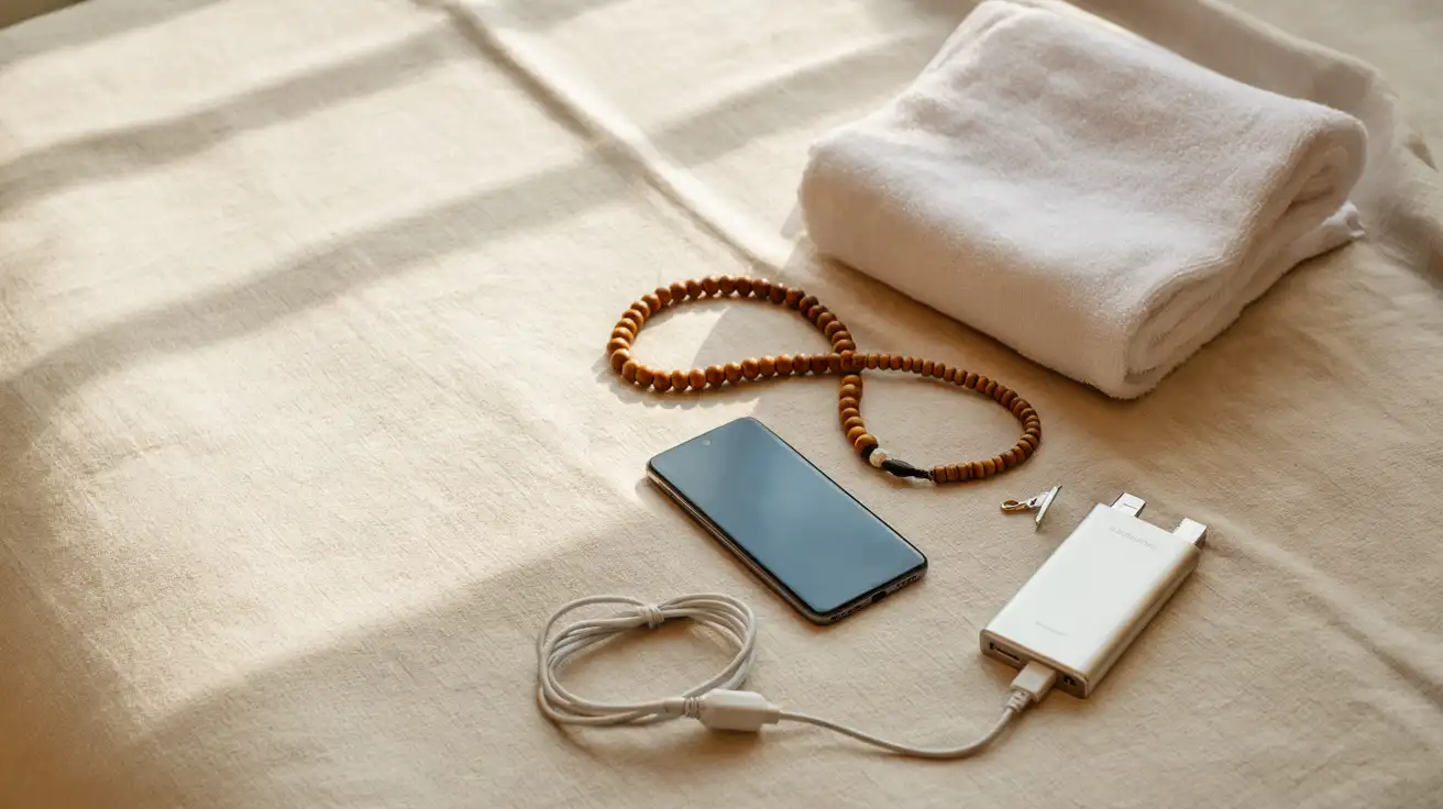 Telefon, drewniany tasbih, powerbank i złożony biały ręcznik na kremowej tkaninie