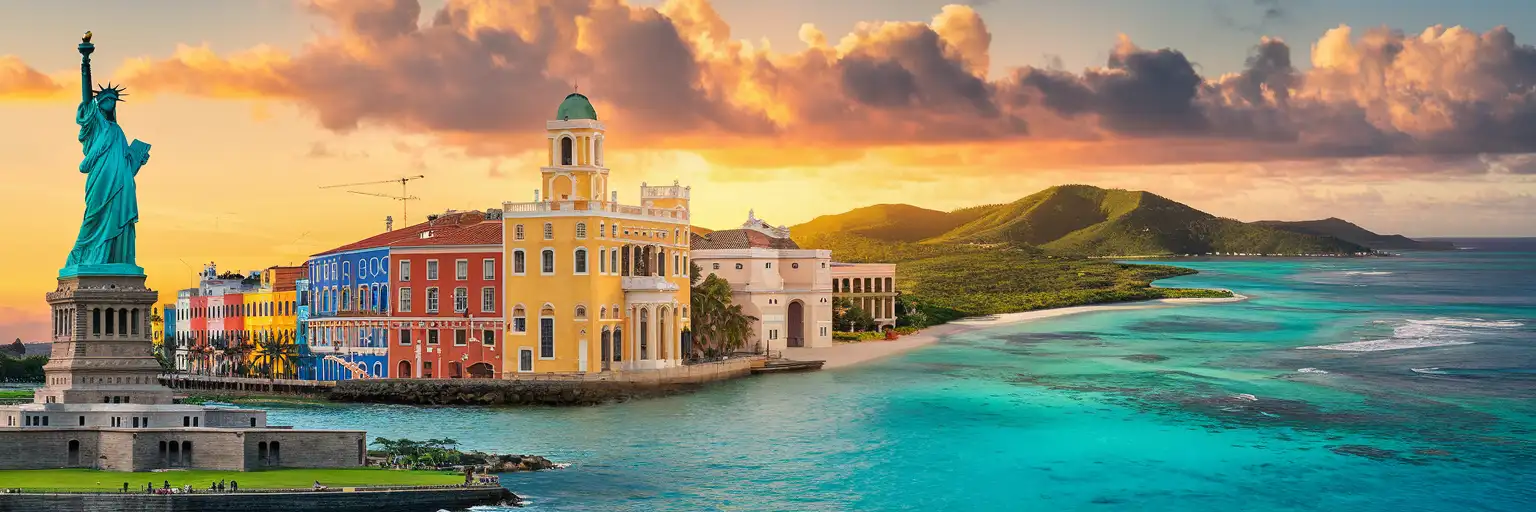 Golden hour montage featuring the Statue of Liberty, colorful Old San Juan buildings, and St. Thomas beach waters