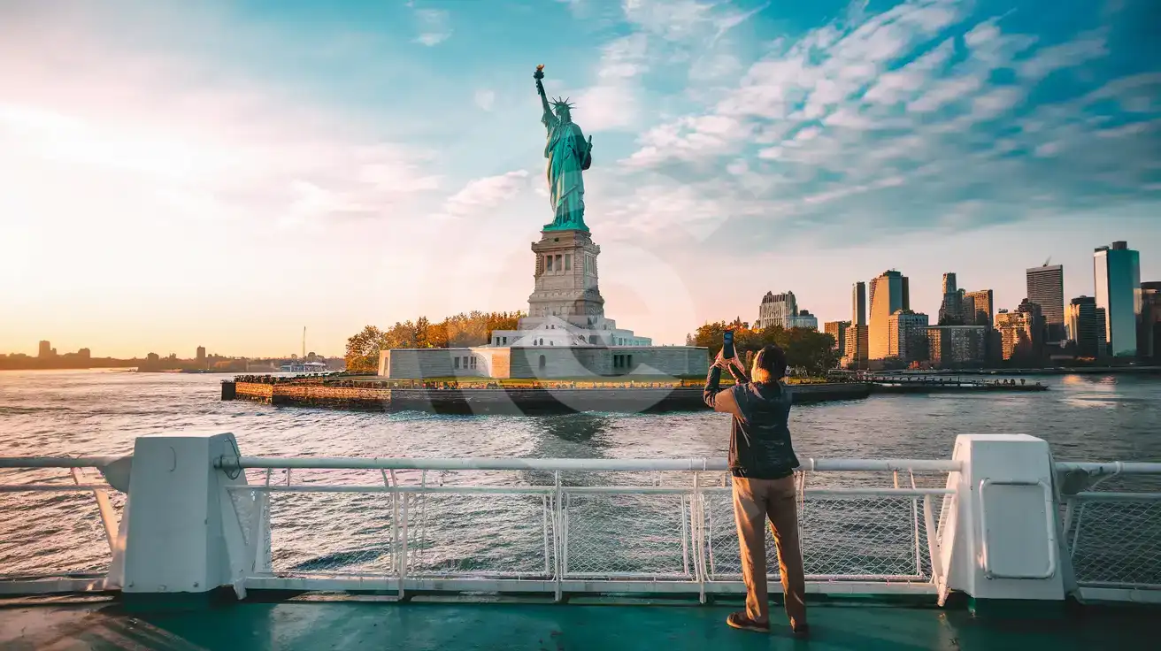 Traveler photographing the Statue of Liberty from ferry with Manhattan skyline in background