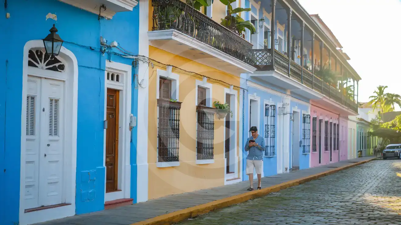 Traveler navigating colorful colonial streets of Old San Juan Puerto Rico with smartphone