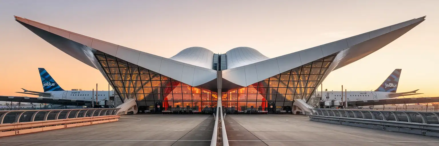 TWA Hotel's iconic mid-century architecture at John F. Kennedy International Airport during golden hour