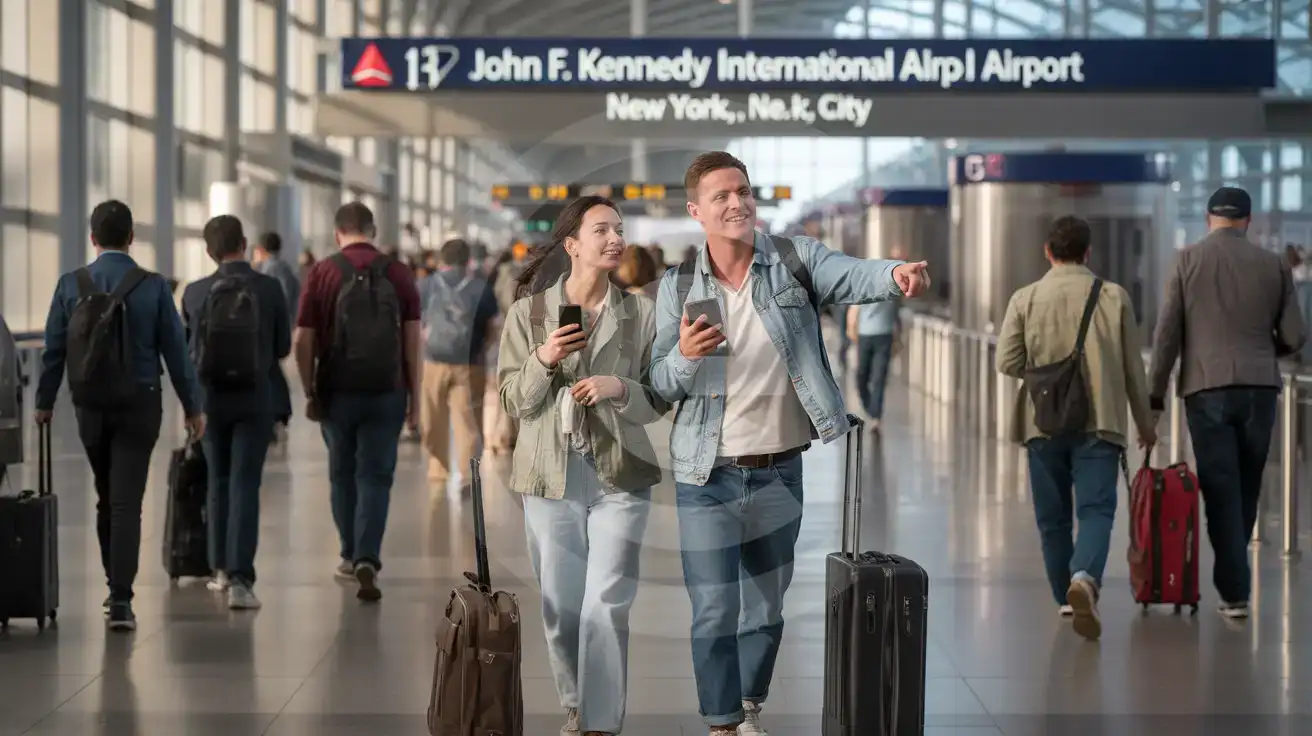 Couple walking through JFK Terminal 4 international arrivals hall with rolling bags and smartphone