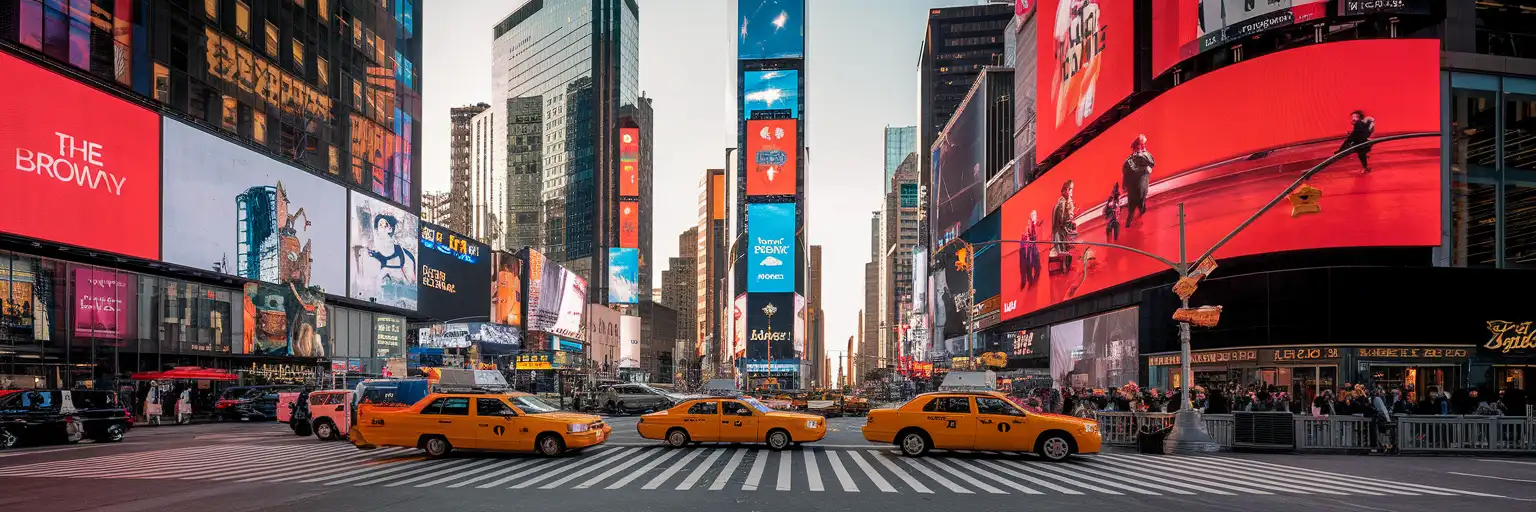 Times Square at golden hour with towering LED billboards lining the Broadway and Seventh Avenue intersection in Midtown Manhattan