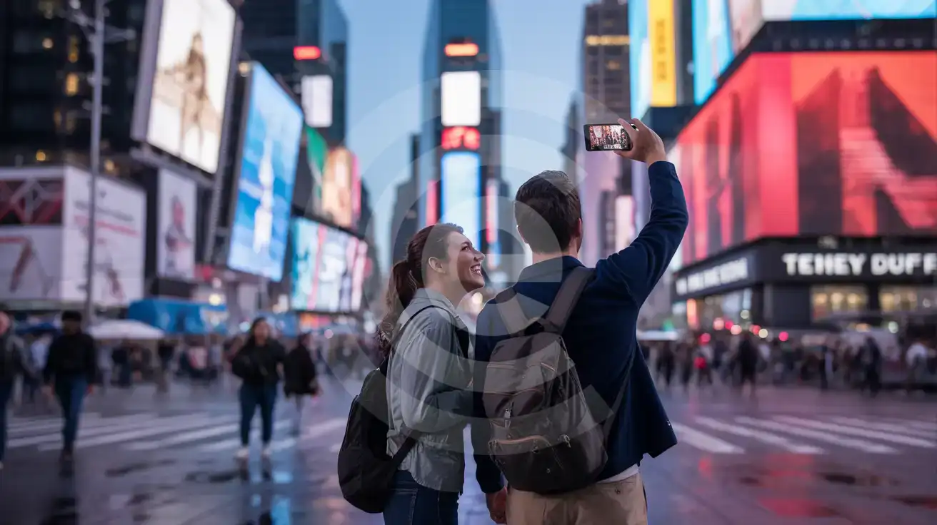 A couple filming the Times Square billboards at blue hour with the red TKTS steps glowing in the background
