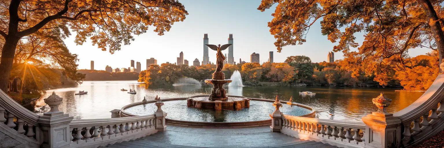 Bethesda Terrace and Fountain at Central Park with the Lake and San Remo towers in golden hour light