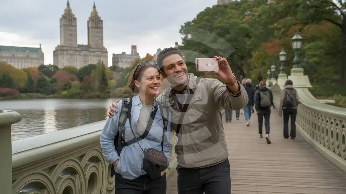 Couple photographing the view from Bow Bridge at Central Park with San Remo towers in autumn foliage