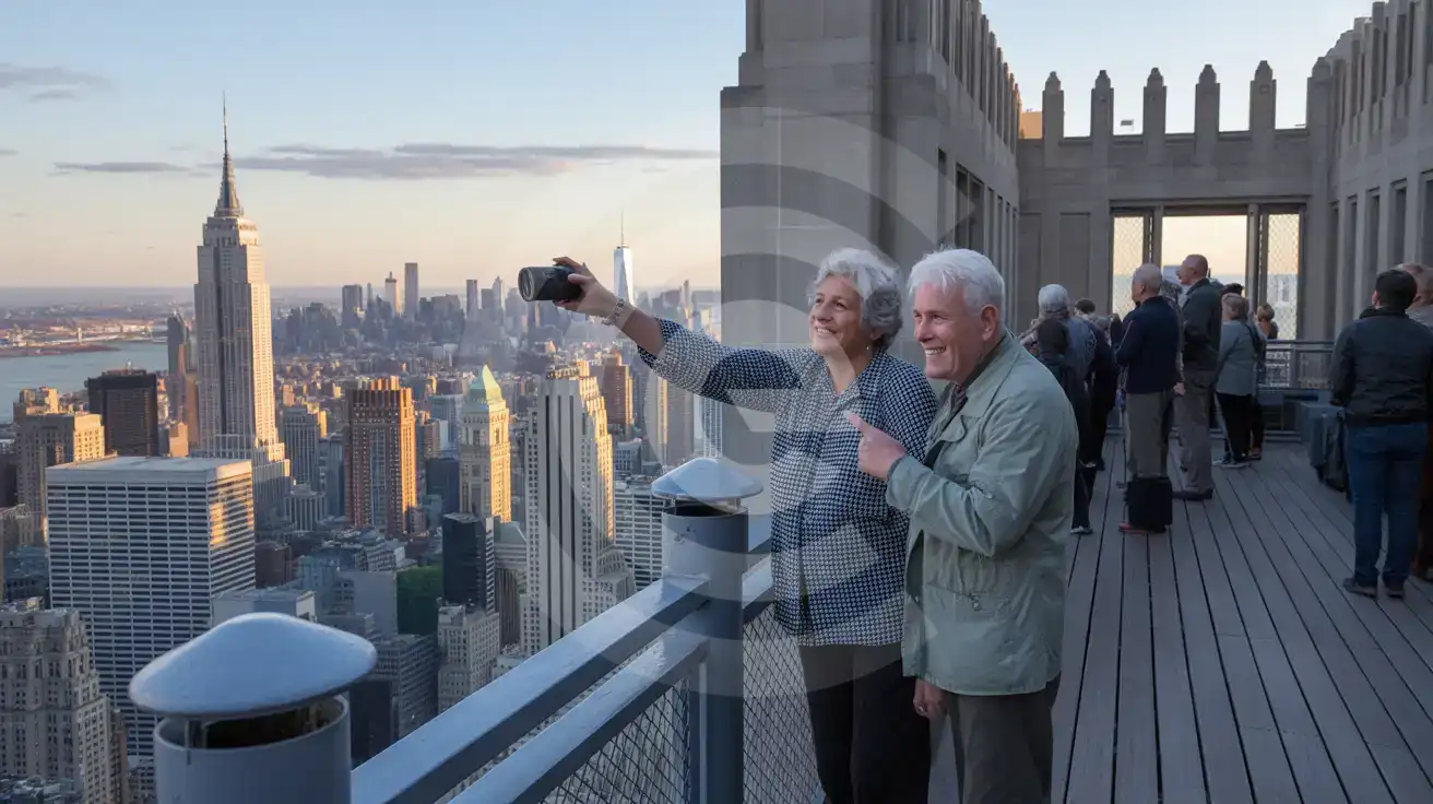 A senior couple photographing the Manhattan skyline from the Empire State Building 86th-floor observation deck at blue hour twilight