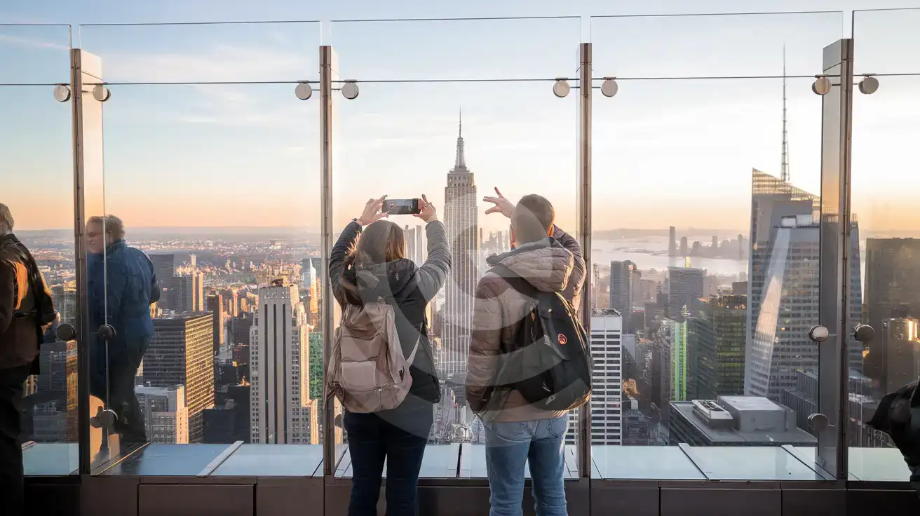 Couple photographing the Empire State Building from the Top of the Rock observation deck at Rockefeller Center