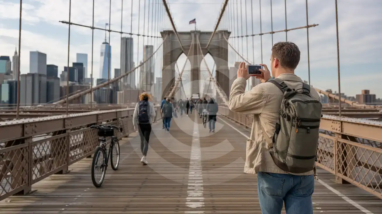 Solo male traveler photographing the Brooklyn Bridge Gothic tower and Manhattan skyline from the wooden pedestrian promenade