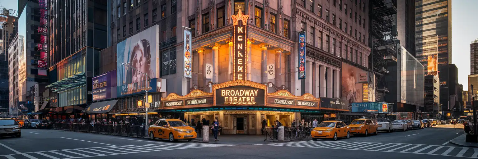 Golden-hour exterior view of Broadway Theatre District theater facades and marquees in Midtown Manhattan