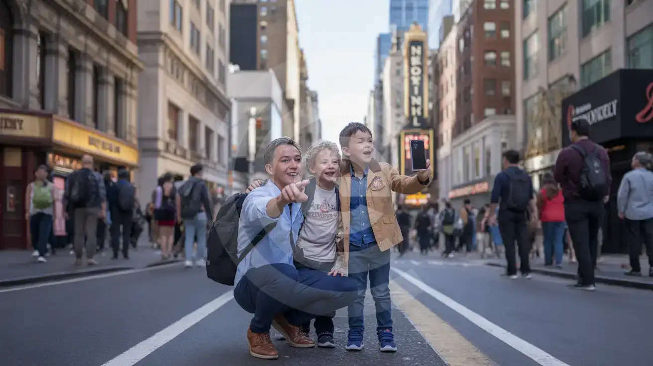 Parent and child in Shubert Alley in the Broadway Theatre District at blue hour using a phone while theater lights glow behind them