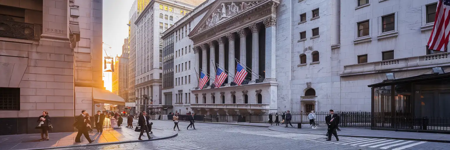The New York Stock Exchange building with Corinthian columns and American flags on Broad Street at golden hour