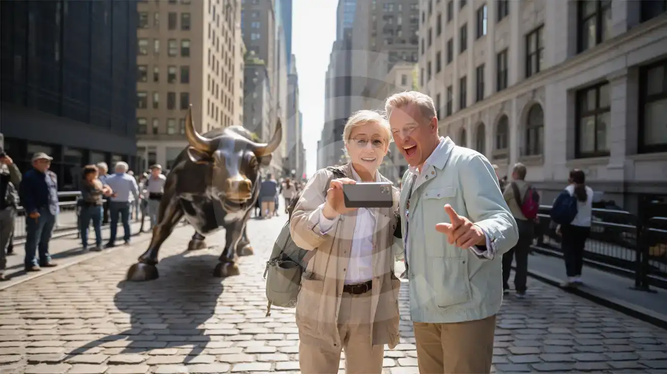 Senior couple photographing the Charging Bull sculpture on Broadway near Bowling Green in New York's Financial District