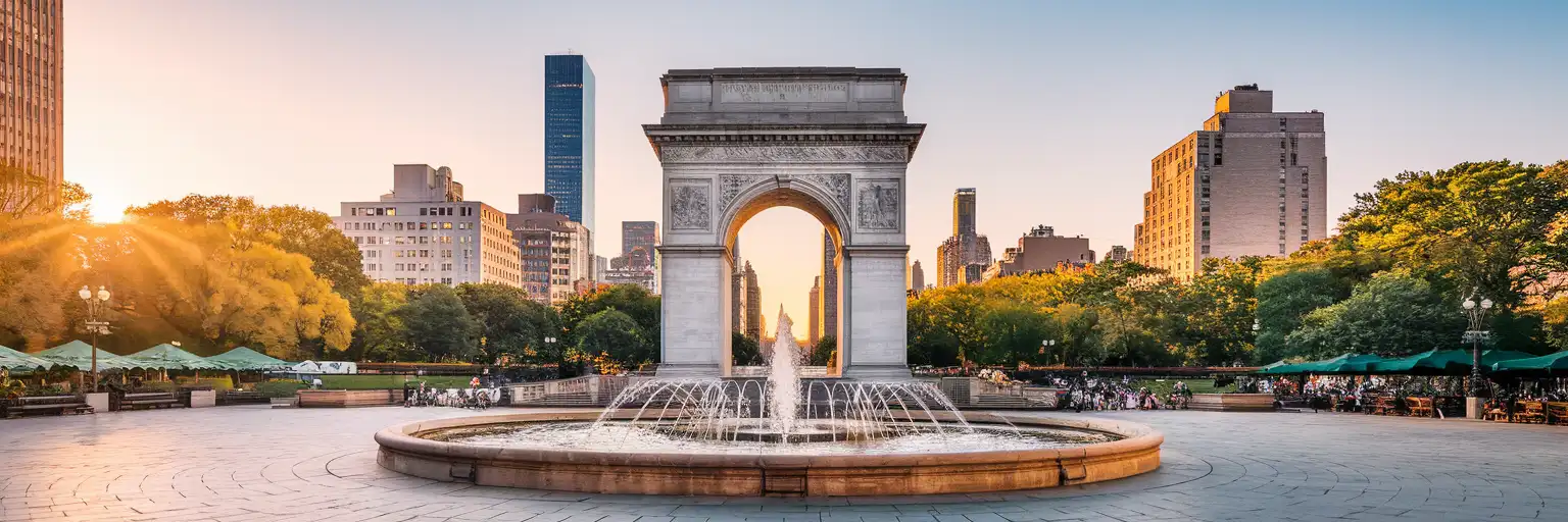 Arco de Washington Square en Washington Square Park, Nueva York, durante la hora dorada