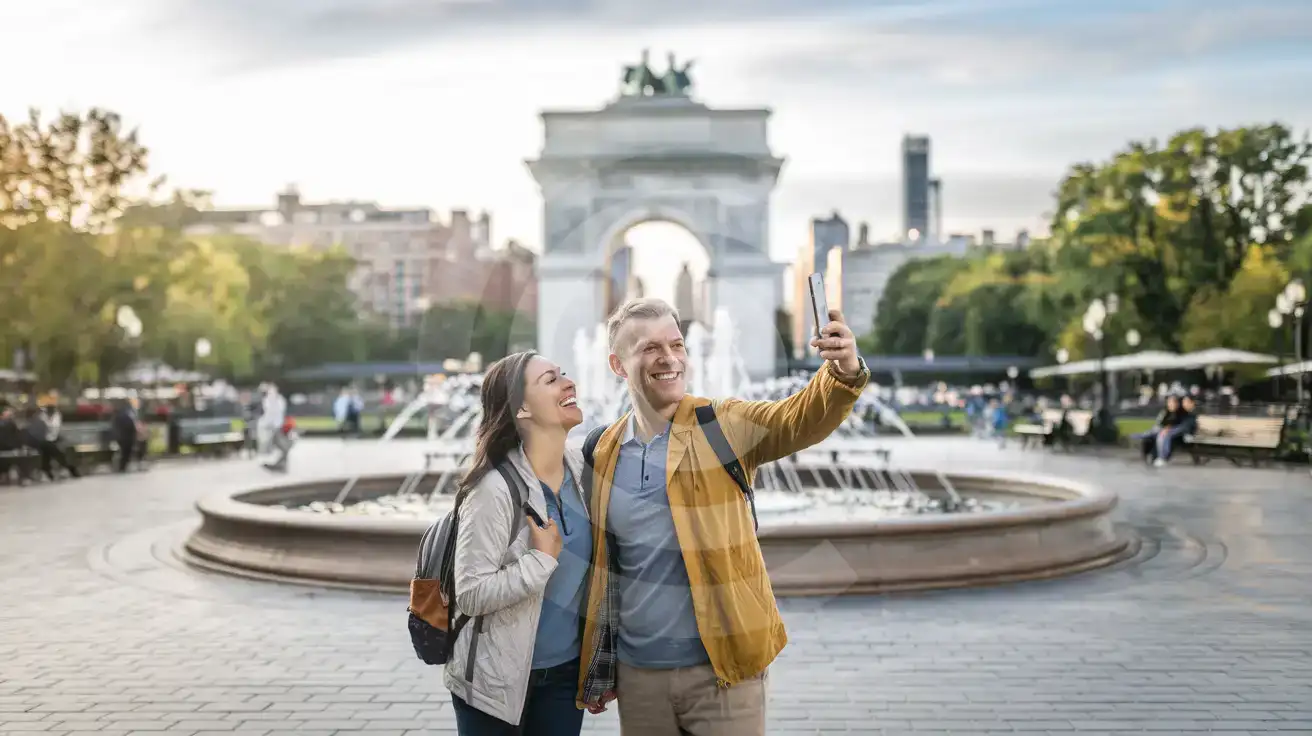 Una pareja junto a la fuente en Washington Square Park con el Arco de Washington Square detrás
