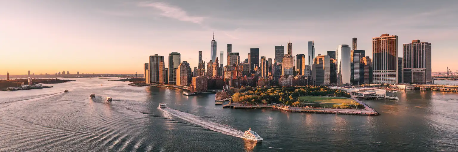 New York Limanı'nın altın saatlerdeki görüntüsü, uzaklarda Özgürlük Heykeli ve Aşağı Manhattan sahil şeridi ile
