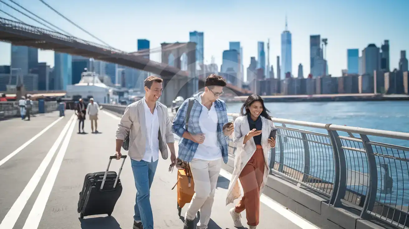 Brooklyn Kruvaziyer Terminali yakınında New York Limanı'na varan arkadaşlar, arkada sahil ve Aşağı Manhattan manzarası