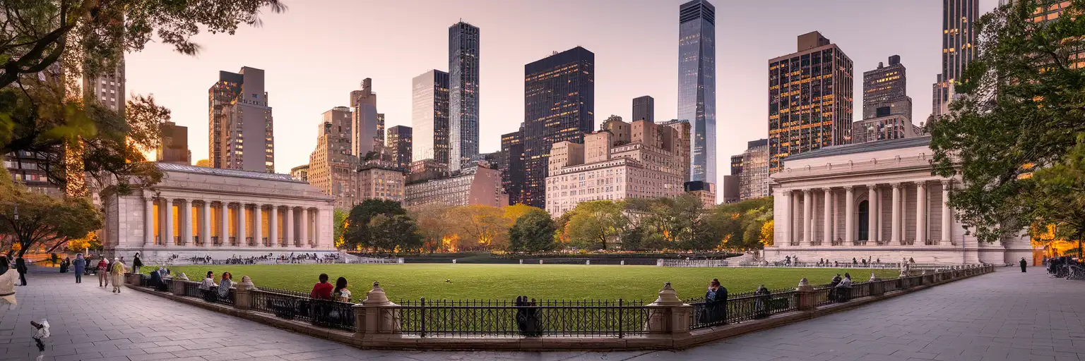 Szeroki widok na Bryant Park o złotej godzinie w Midtown Manhattan z Biblioteką Publiczną Nowego Jorku i otaczającymi drapaczami chmur