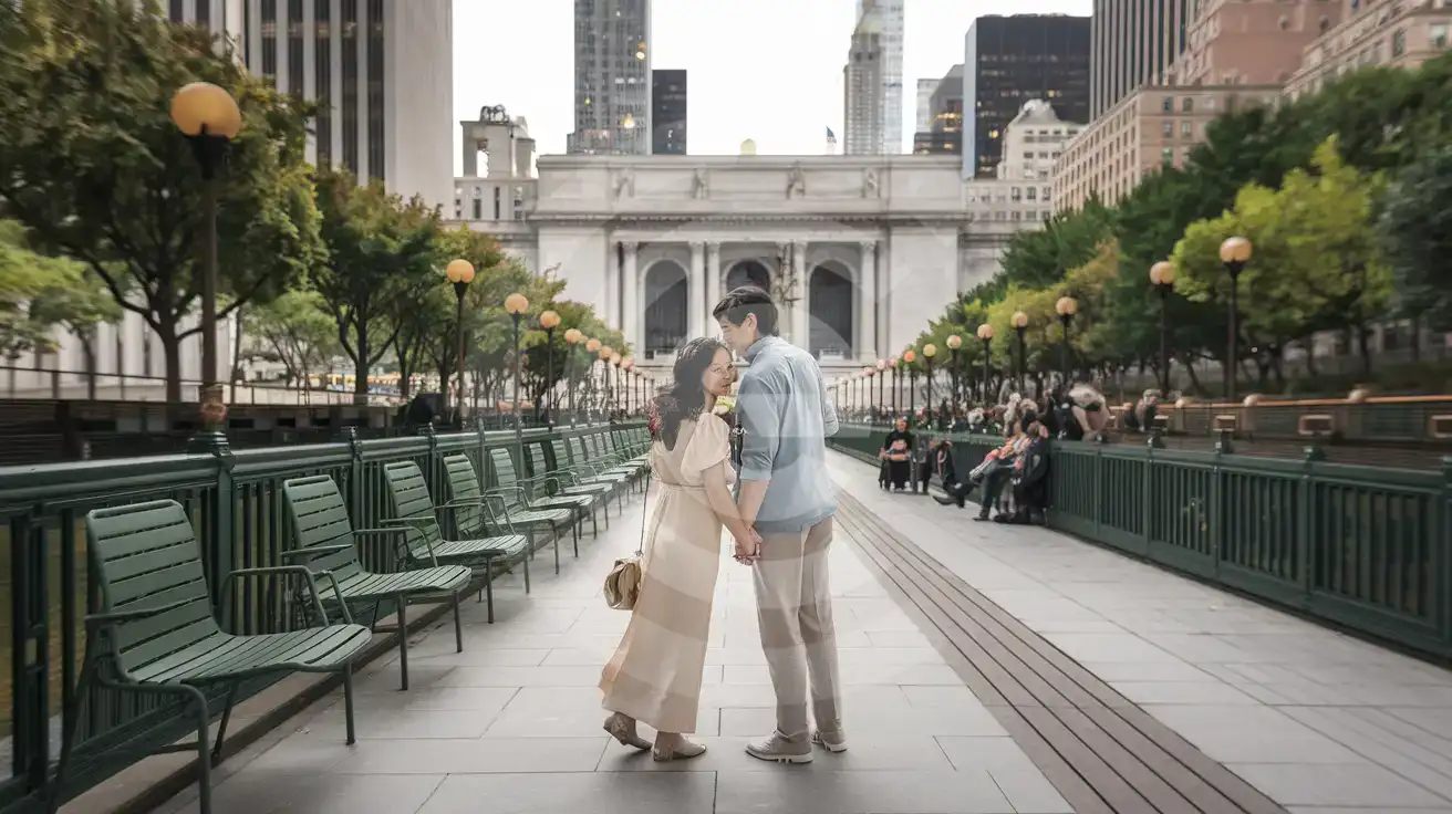 Para nowożeńców stojąca razem na promenadzie wśród drzew w Bryant Park z widokiem na stronę New York Public Library