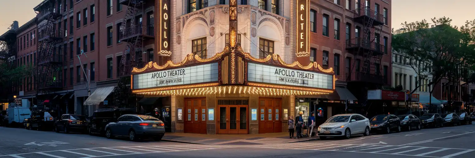 Harlem'deki 125. Cadde üzerinde yer alan Apollo Tiyatrosu'nun altın saatlerdeki dış görünümü