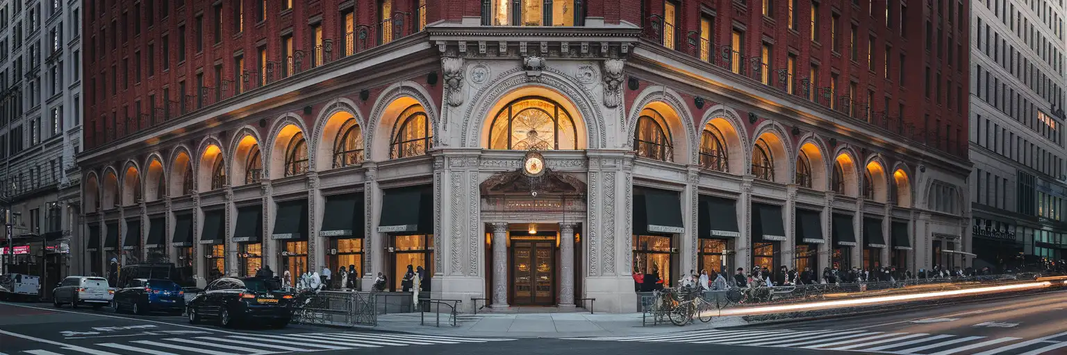 New York City'de Seventh Avenue'dan altın saatlerde Carnegie Hall'un dış görünümü