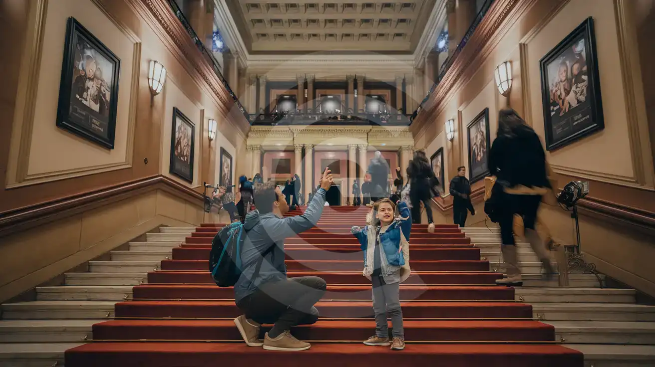 New York'ta bir performans öncesi Carnegie Hall'un iç merdivenlerinde bir ebeveyn ve çocuk