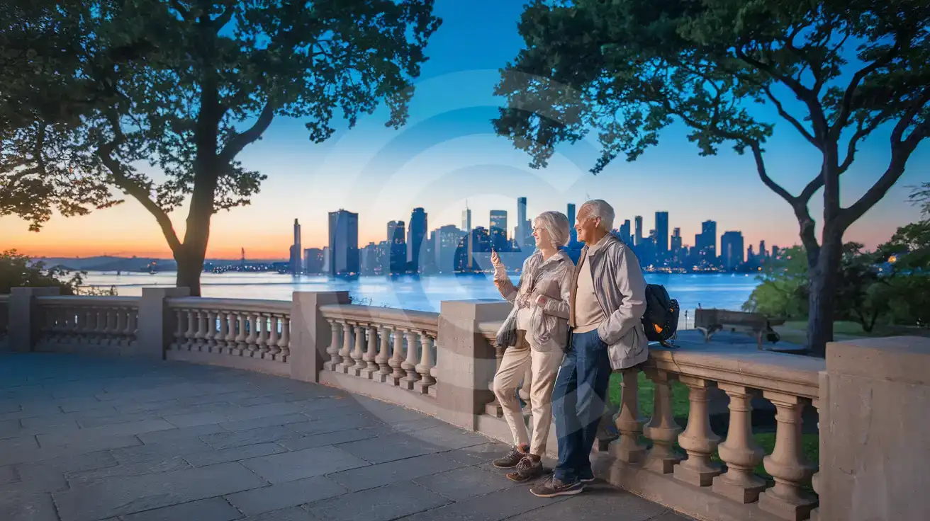 Pareja de adultos mayores disfrutando de la vista desde lo alto de Sunset Park con el puerto y el horizonte de fondo