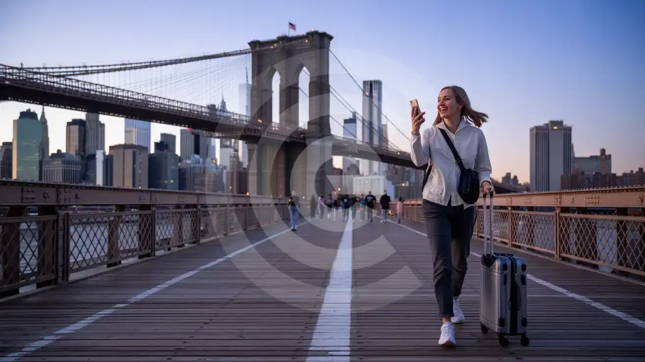 A solo female traveler walking across the Brooklyn Bridge pedestrian deck at blue hour twilight with the Manhattan skyline glowing behind