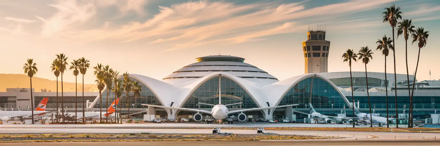 Los Angeles International Airport Theme Building and Tom Bradley International Terminal at golden hour with planes on the tarmac