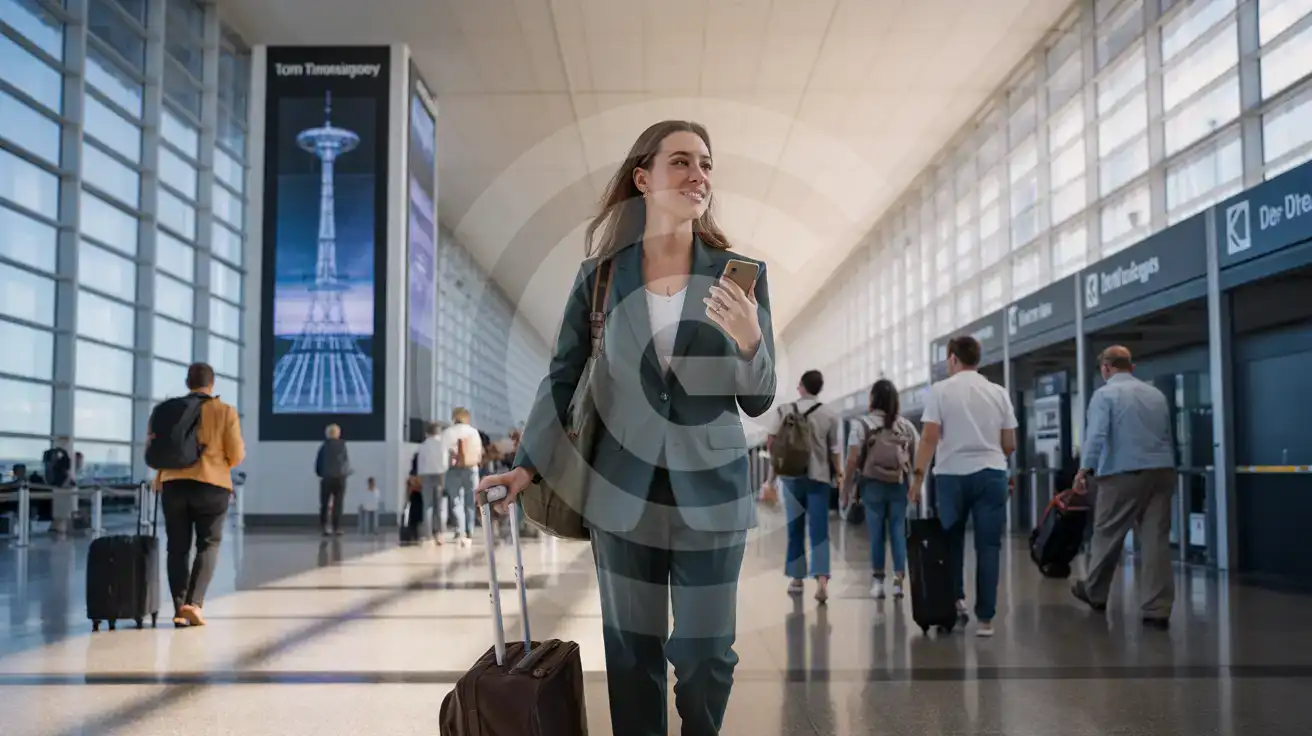 Solo business traveler walking through the Tom Bradley International Terminal Great Hall at LAX with the Time Tower media installation glowing behind
