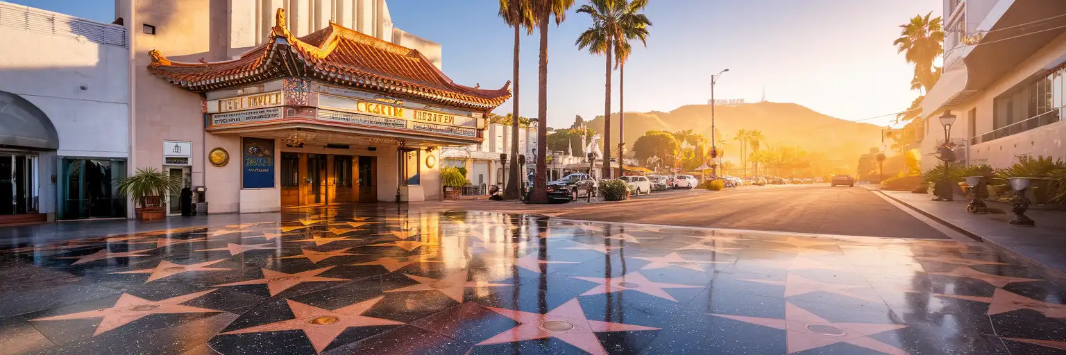 Hollywood Walk of Fame terrazzo stars stretching along Hollywood Boulevard with TCL Chinese Theatre and palm trees at golden hour
