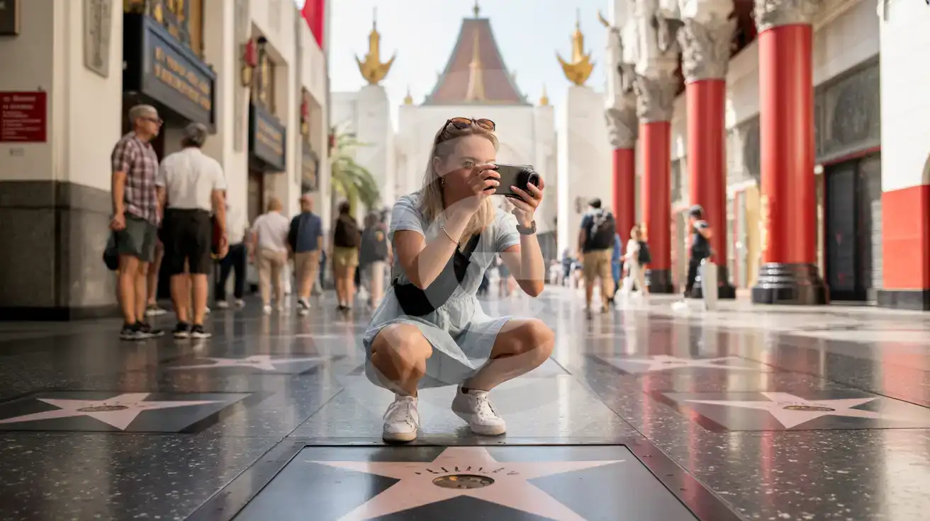 Solo female traveler photographing celebrity handprints in the TCL Chinese Theatre forecourt at Hollywood Walk of Fame
