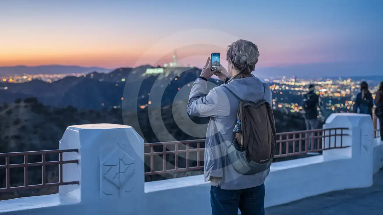 Solo male traveler photographing the Hollywood Sign from Griffith Observatory west terrace at blue hour twilight
