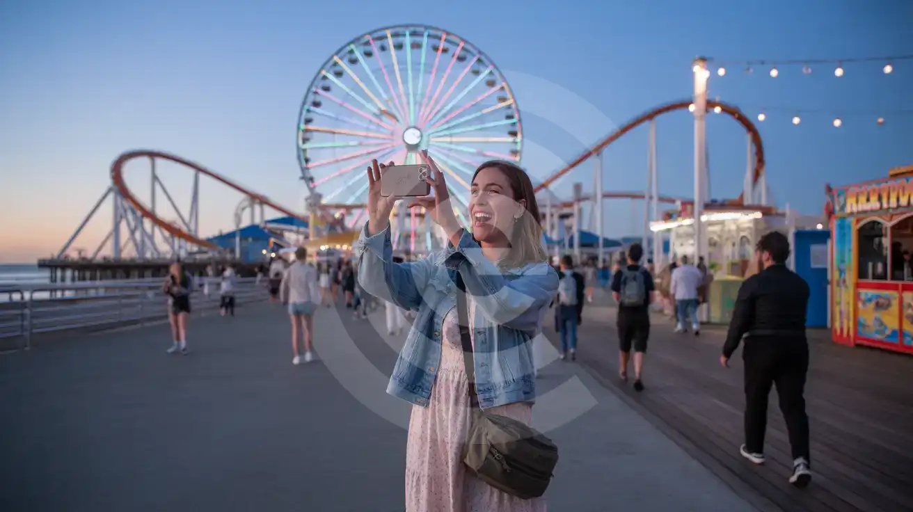 Solo female traveler photographing the illuminated Pacific Wheel Ferris wheel at Santa Monica Pier during blue hour twilight