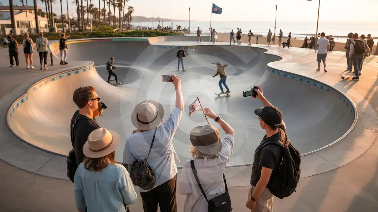 Tour group filming skaters at Venice Beach Skatepark with the Pacific Ocean in the background at golden hour