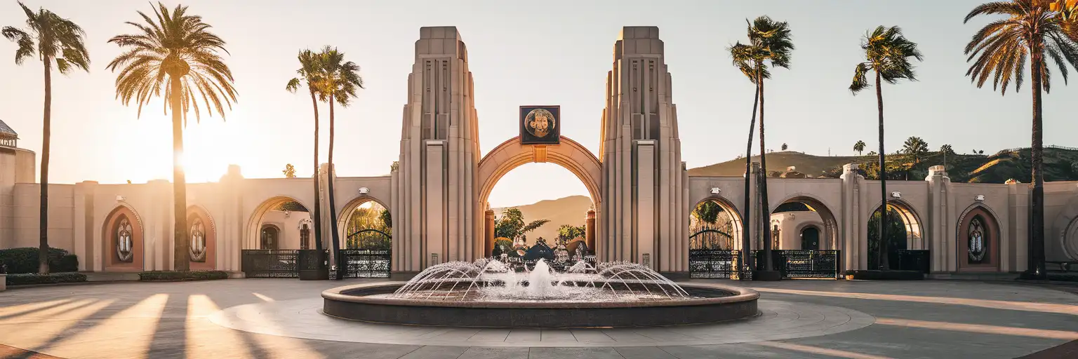 Universal Studios Hollywood entrance with the iconic rotating globe fountain at golden hour